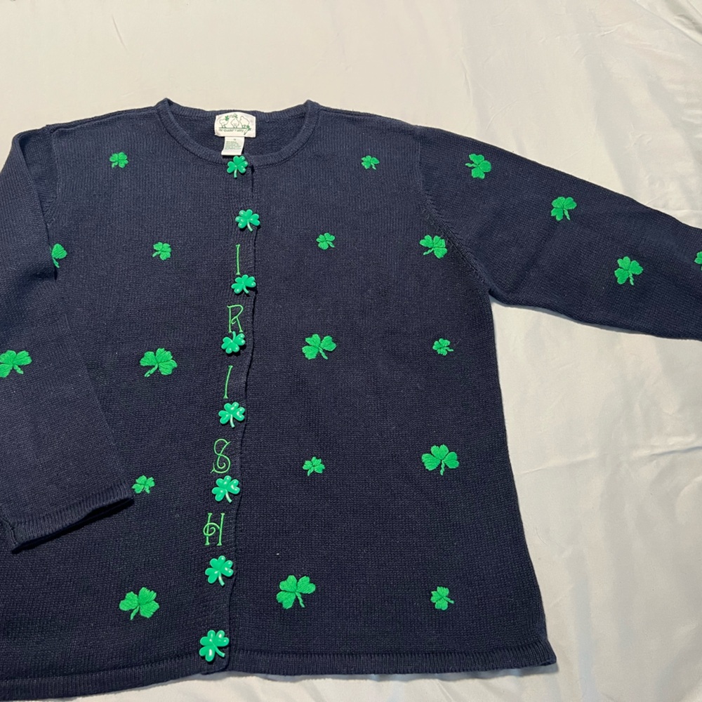 Quacker Factory Navy Sweater with Green Clover Accent IRISH